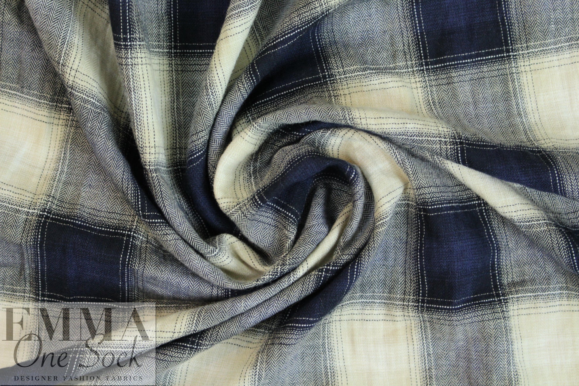 NY designer yarn-dye cotton plaid - navy/khaki/ivory 2 yds