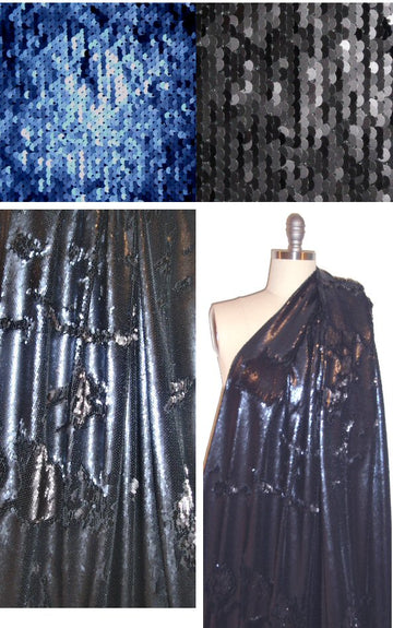 color change stretch sequin fabric - sapphire/black 1.125 yd