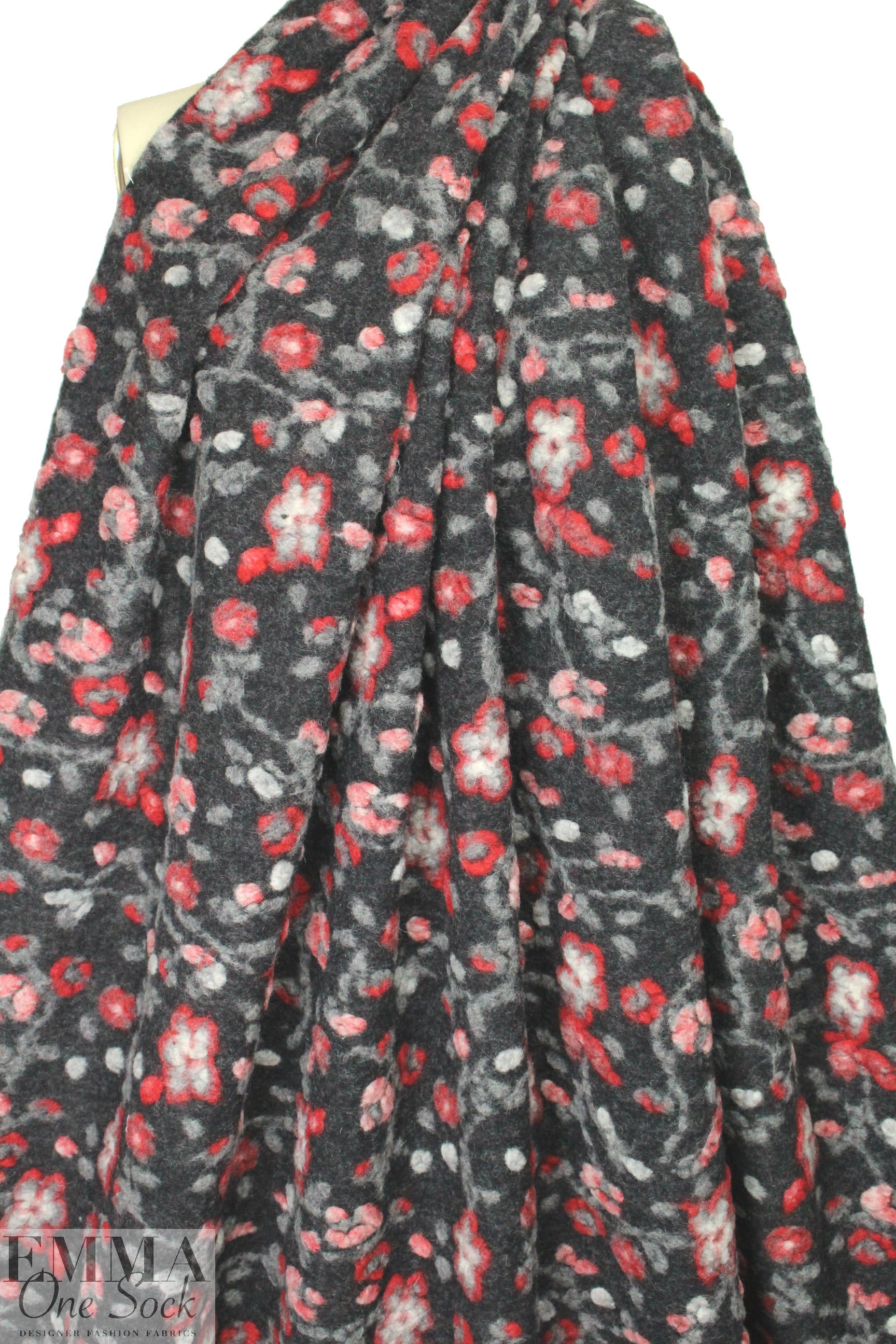 Italian claret/gray/charcoal floral boiled wool fleece