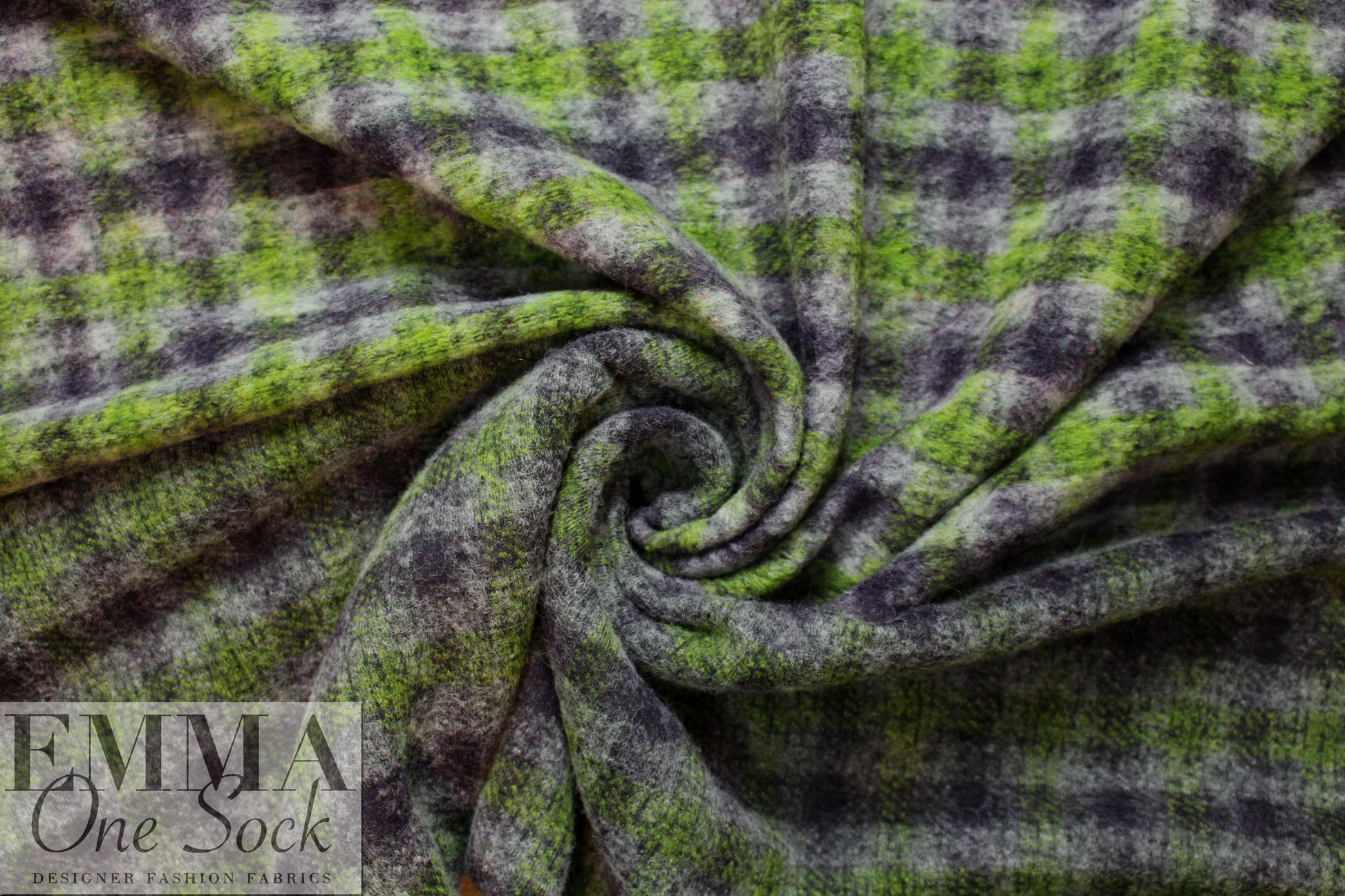 Italian lime/aubergine plaid textured wool fleece