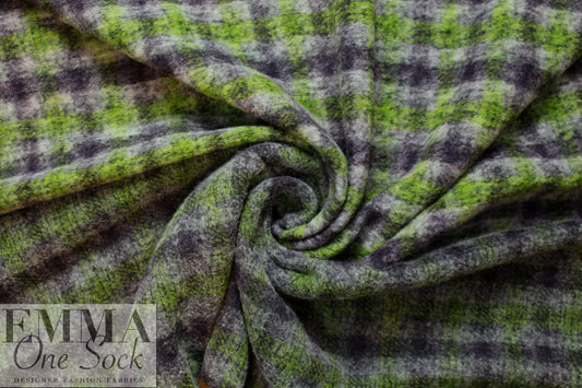 Italian lime/aubergine plaid textured wool fleece 1.5 yds