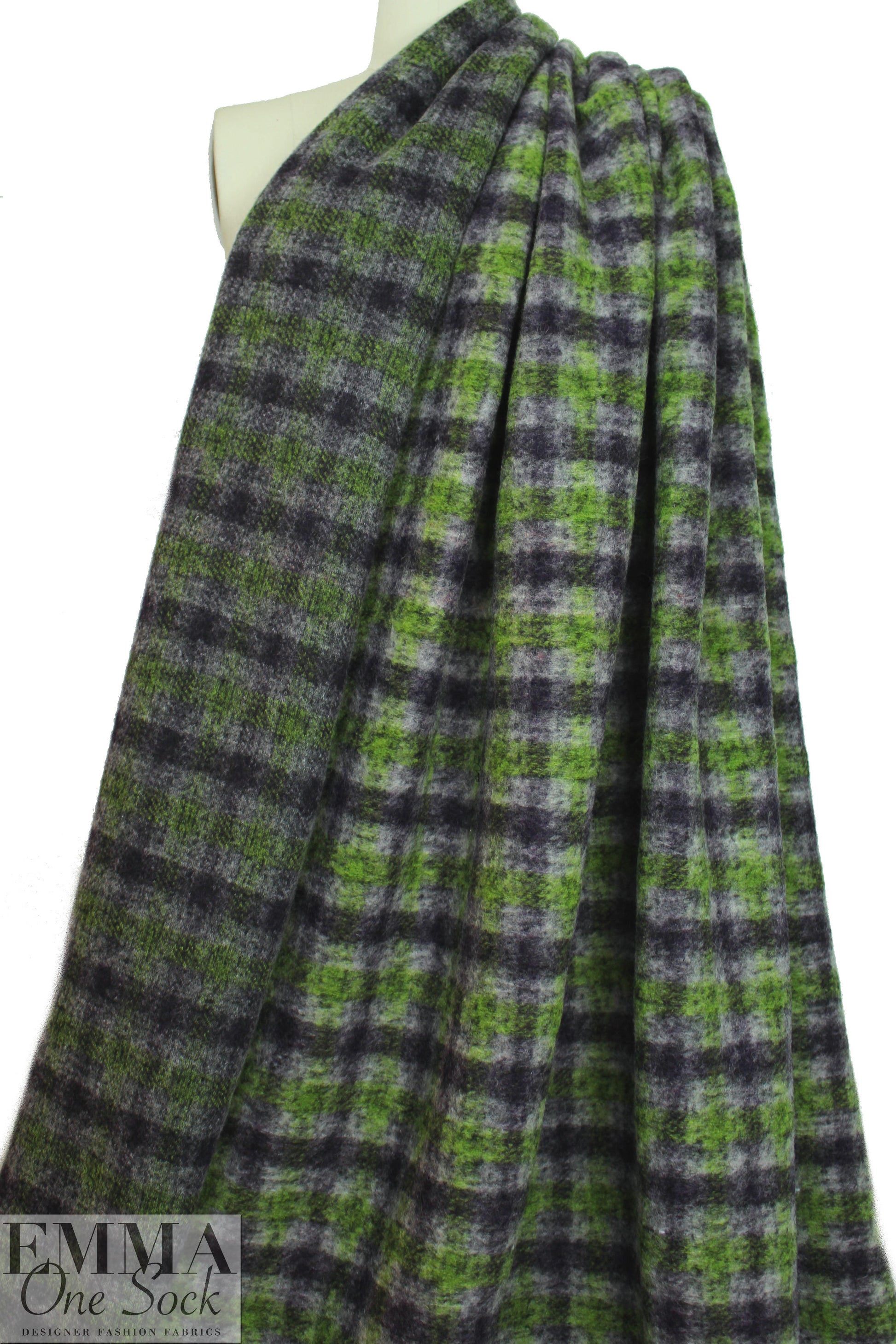 Italian lime/aubergine plaid textured wool fleece 1.5 yds