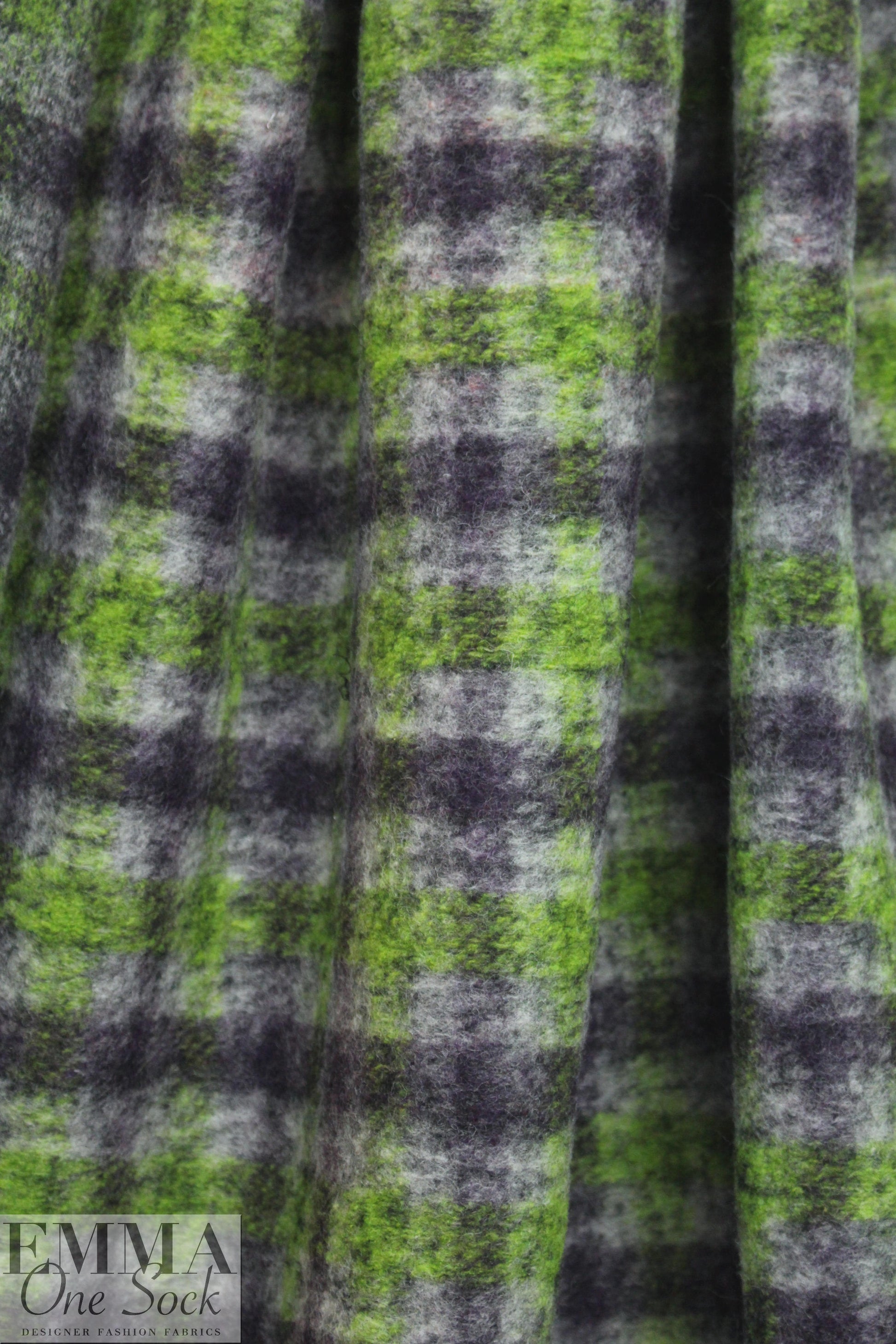 Italian lime/aubergine plaid textured wool fleece