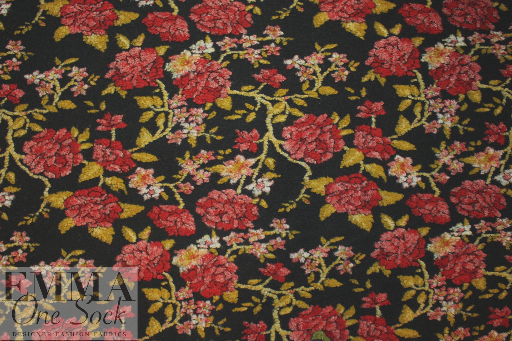 Italian textured red/gold floral wool fleece knit .625 yds