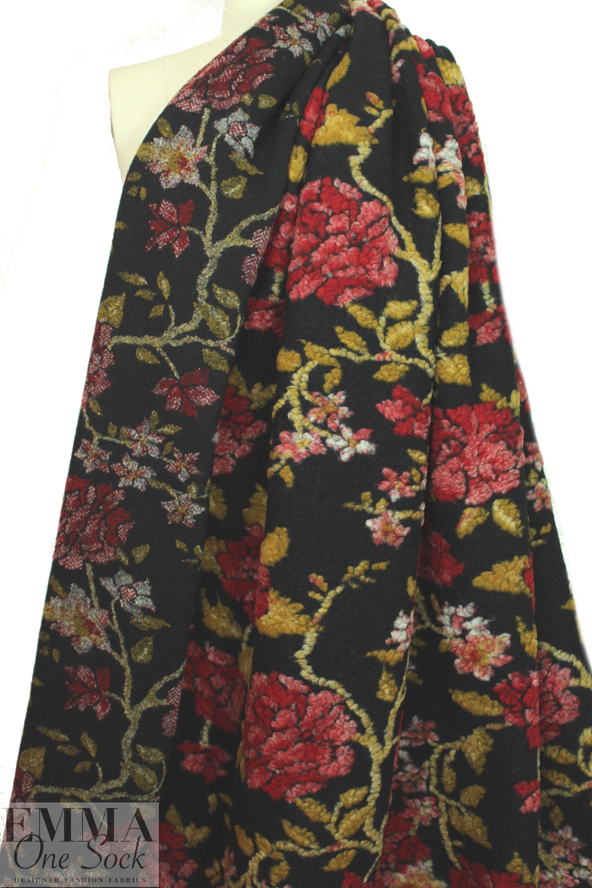 Italian textured red/gold floral wool fleece knit .625 yds