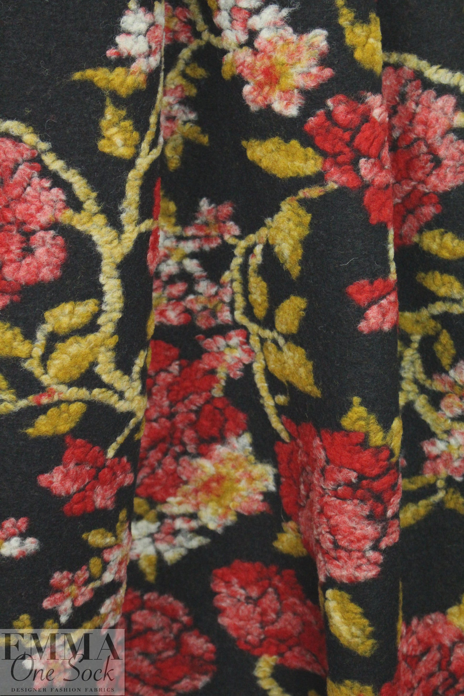 Italian textured red/gold floral wool fleece knit