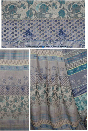 French navy/teal/khaki floral stripey cotton jacquard