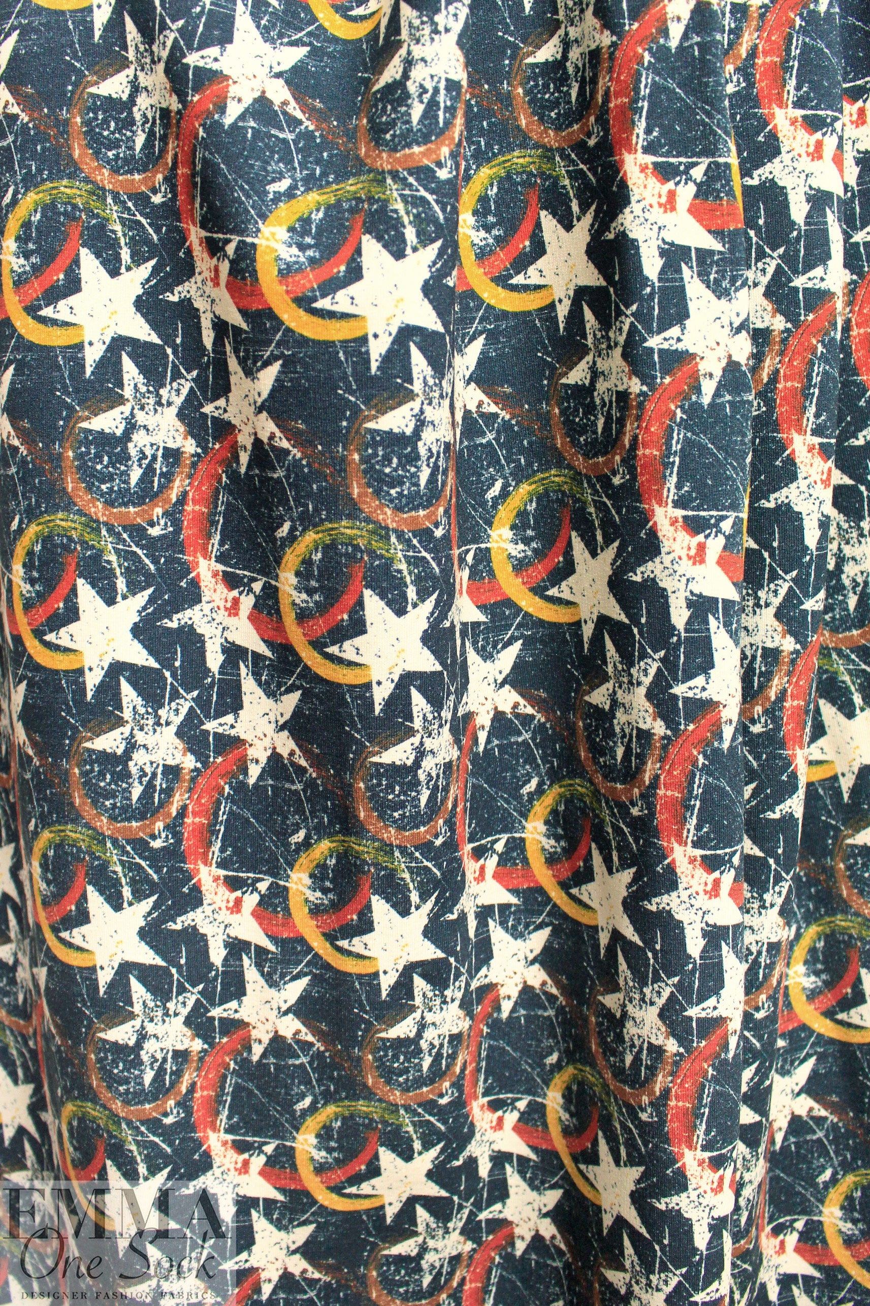 Dutch 'stamped star' French terry knit - denim Oeko-Tex cert.  1.5 yds