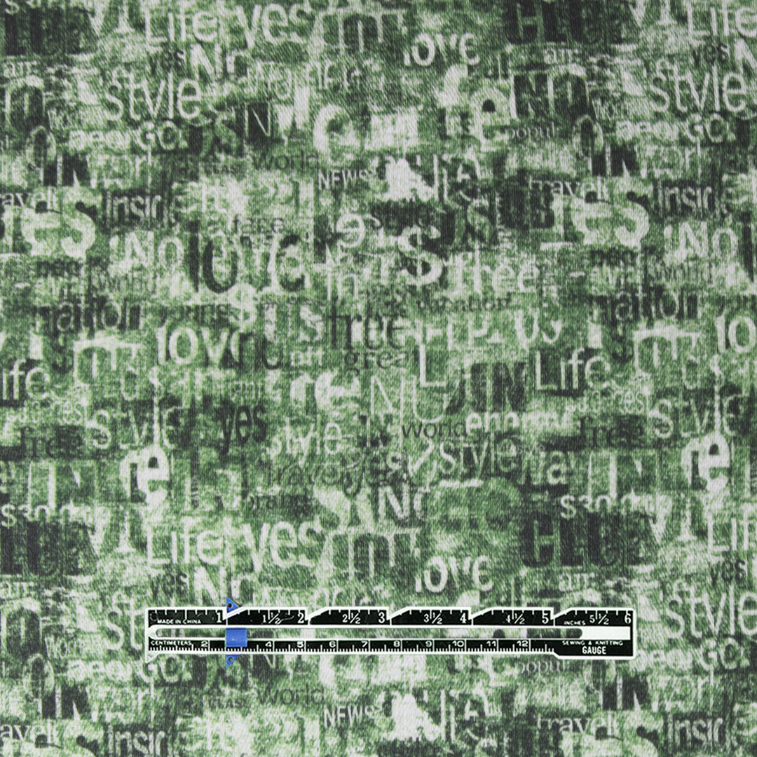 Dutch 'love language' French terry knit Oeko-Tex cert. - green/black .625 yds