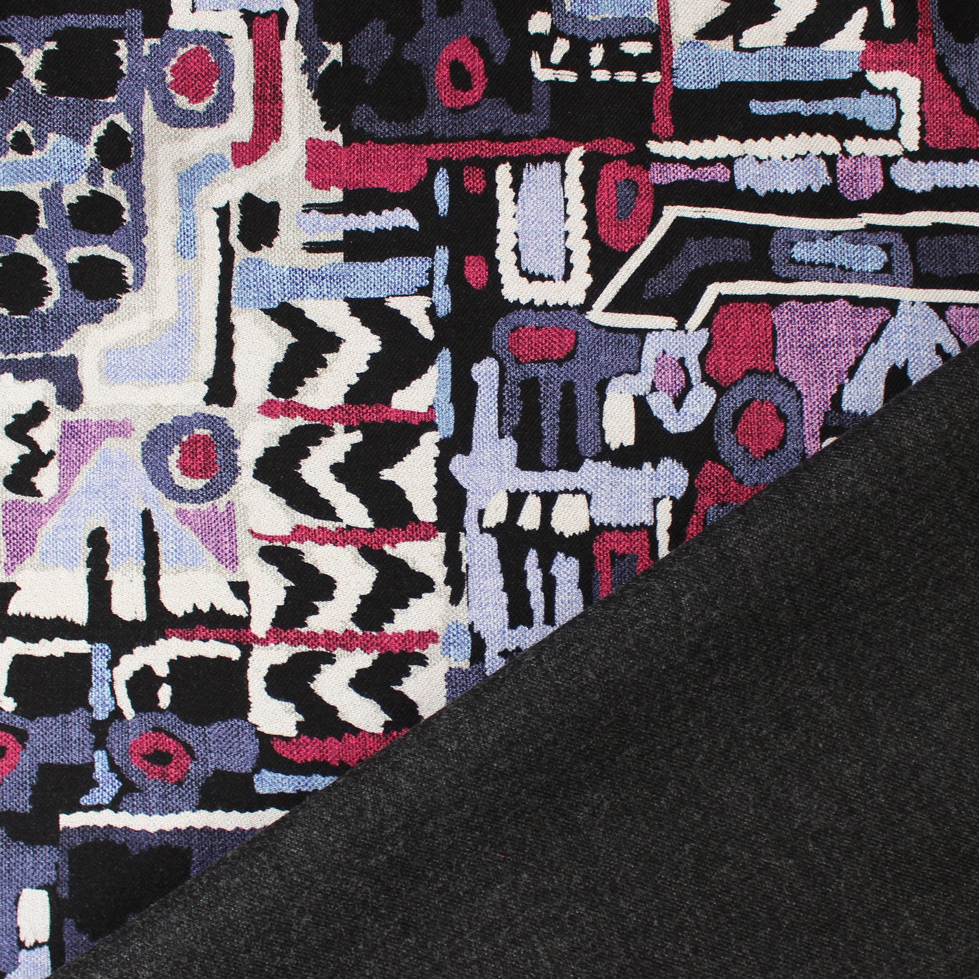 wool/cotton/viscose stretch doubleface woven 'geo story' - plum/charcoal