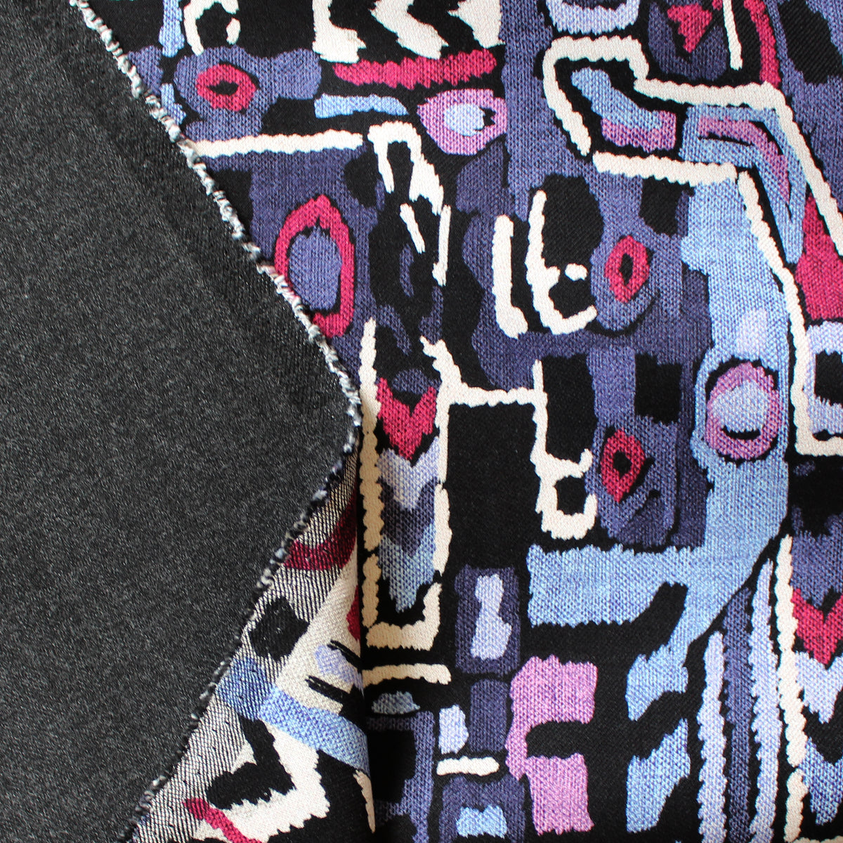 wool/cotton/viscose stretch doubleface woven 'geo story' - plum/charcoal