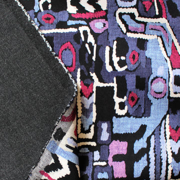 wool/cotton/viscose stretch doubleface woven 'geo story' - plum/charcoal