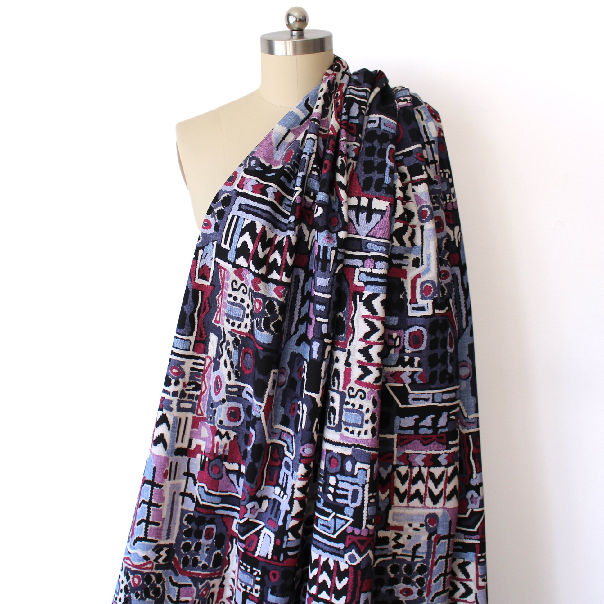 wool/cotton/viscose stretch doubleface woven 'geo story' - plum/charcoal