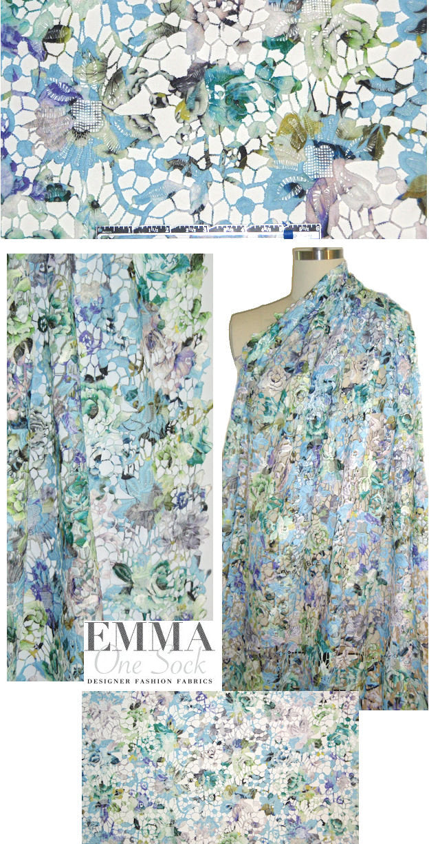 Guipure floral printed lace - blue/green