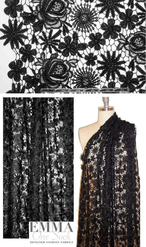 NY designer cotton flower guipure lace - black
