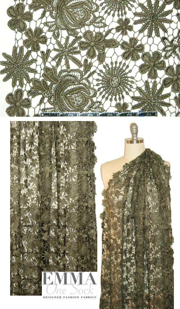 NY designer cotton flower guipure lace - loden