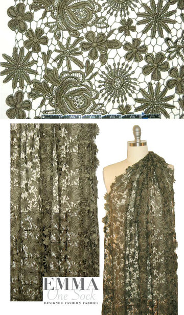 NY designer cotton flower guipure lace - loden