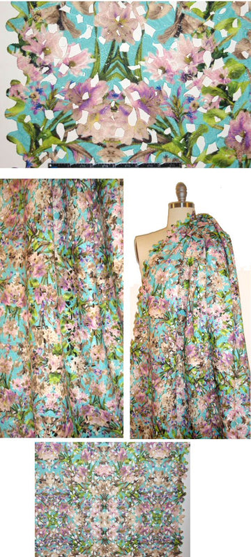 Guipure floral printed lace - lilac/aqua 1.75 yds