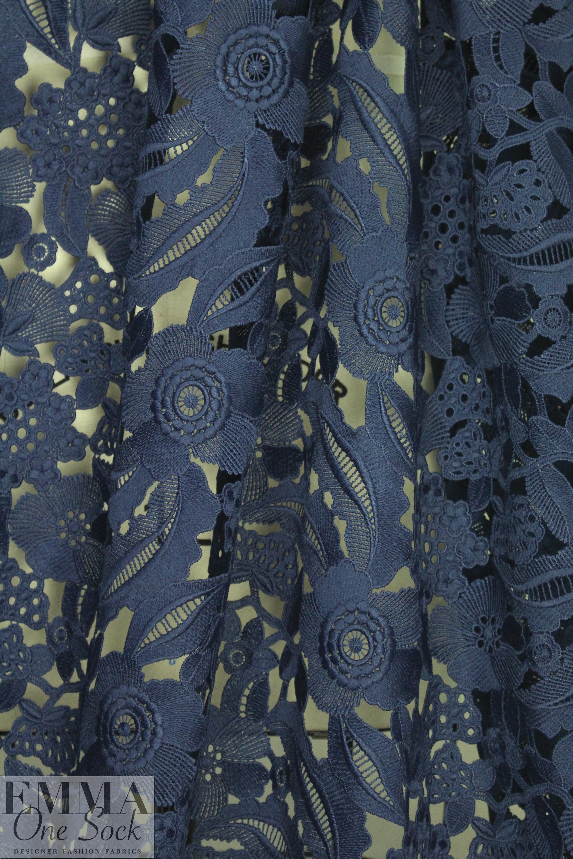 NY designer floral guipure lace - blue indigo 1 yard