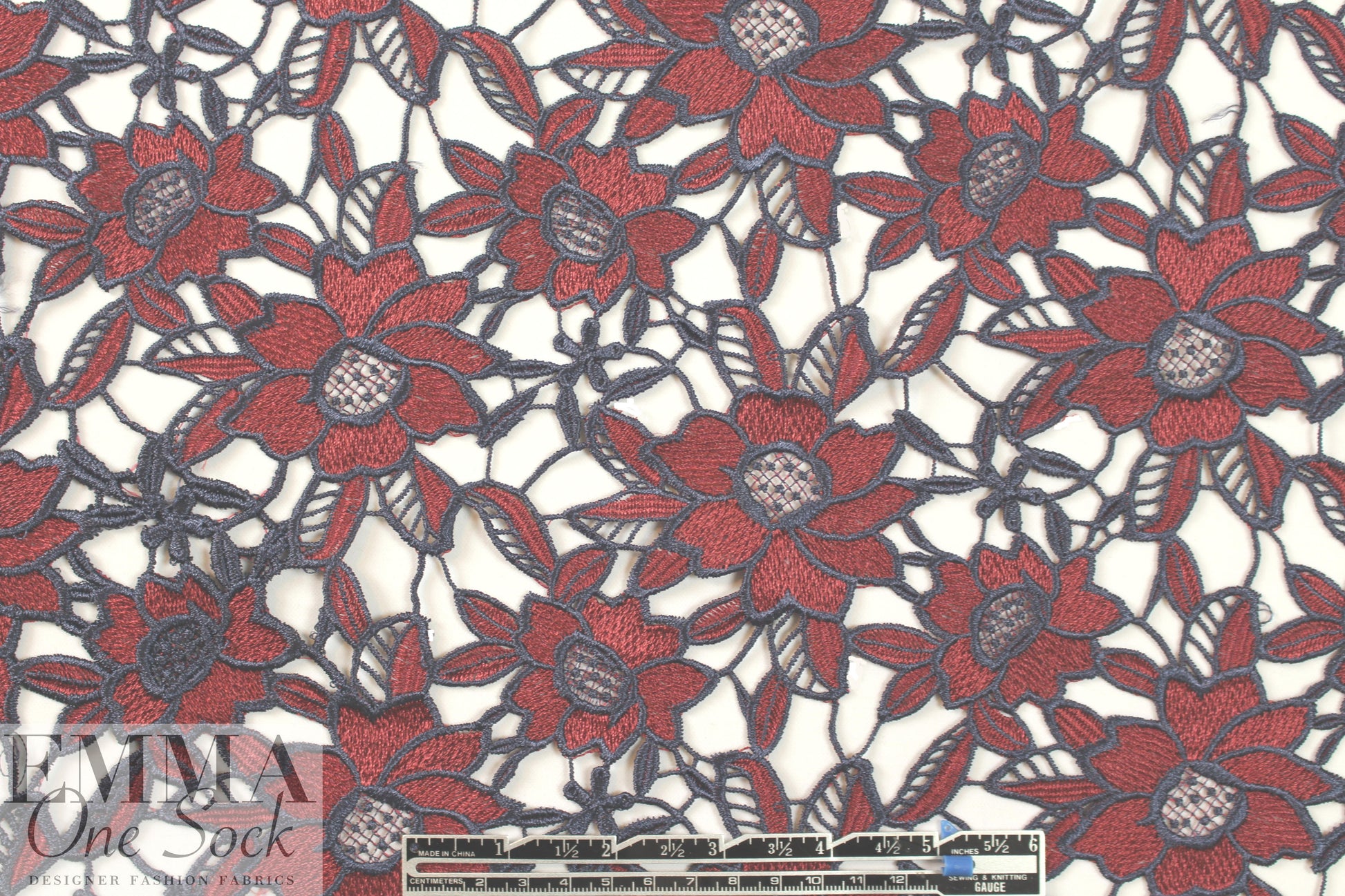 NY designer floral guipure lace - wine/navy