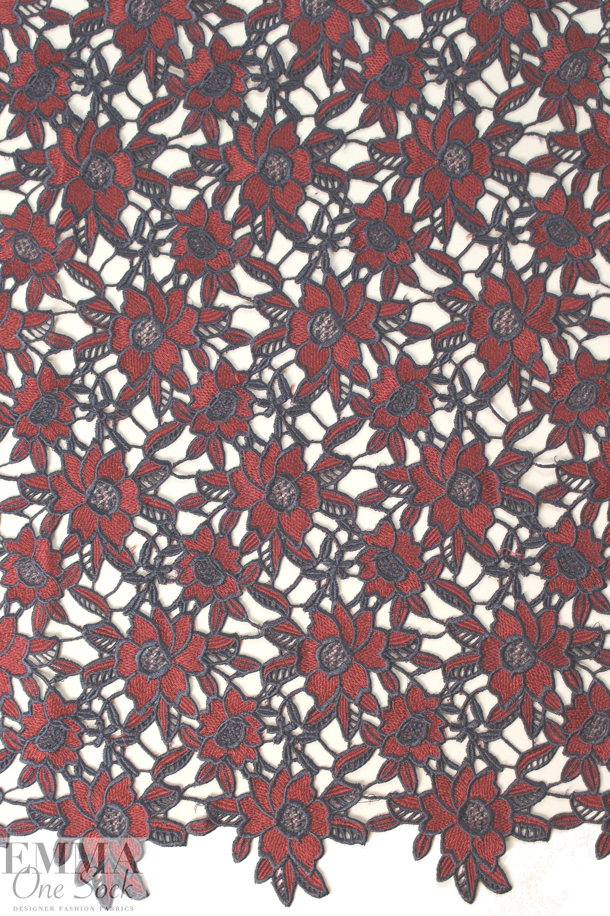 NY designer floral guipure lace - wine/navy