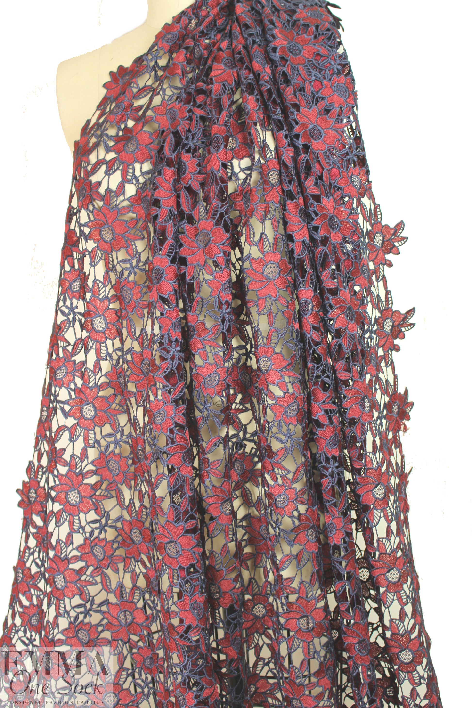 NY designer floral guipure lace - wine/navy