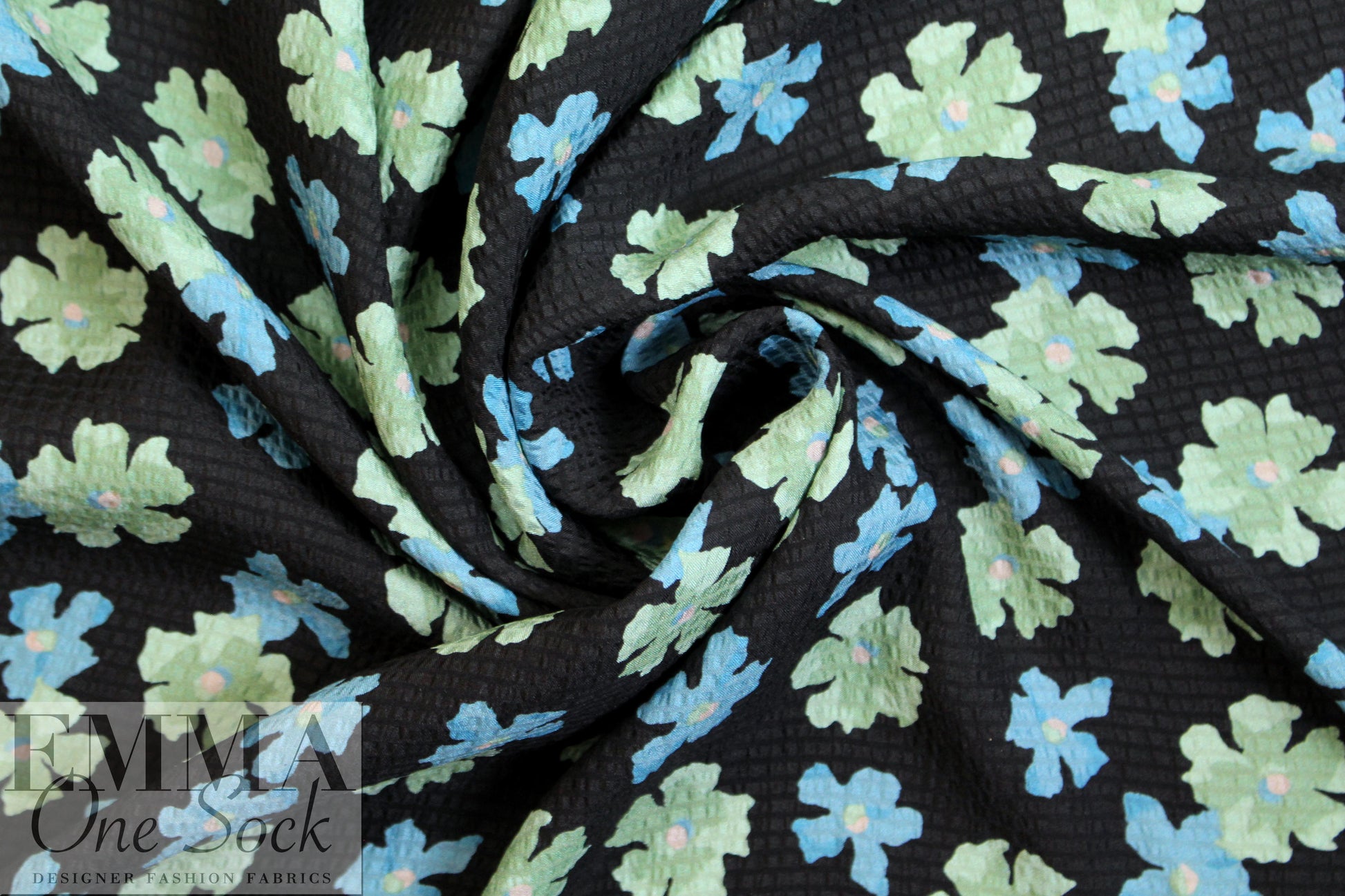 NY designer mint/sky flowers hammered silk woven