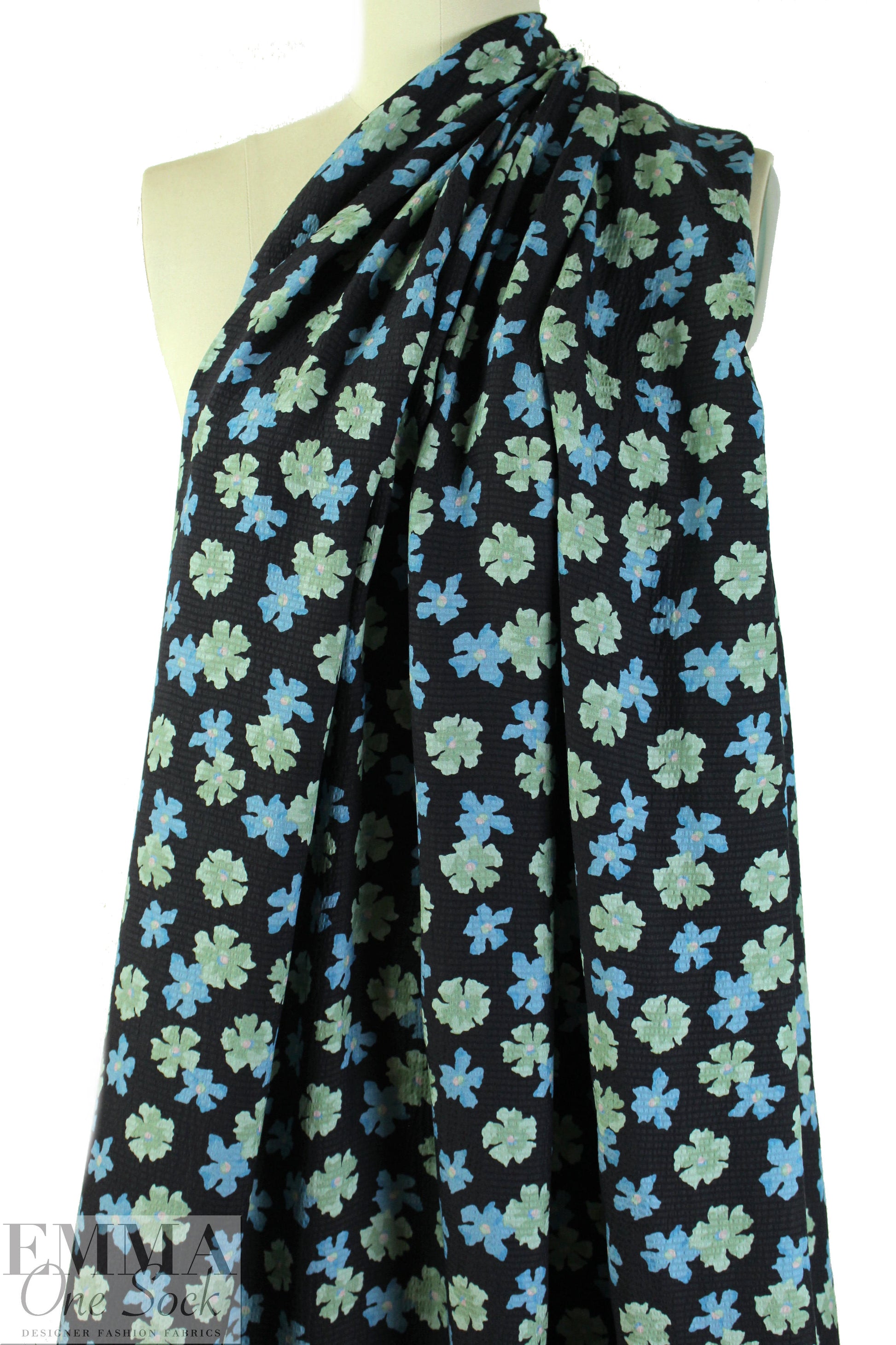 NY designer mint/sky flowers hammered silk woven