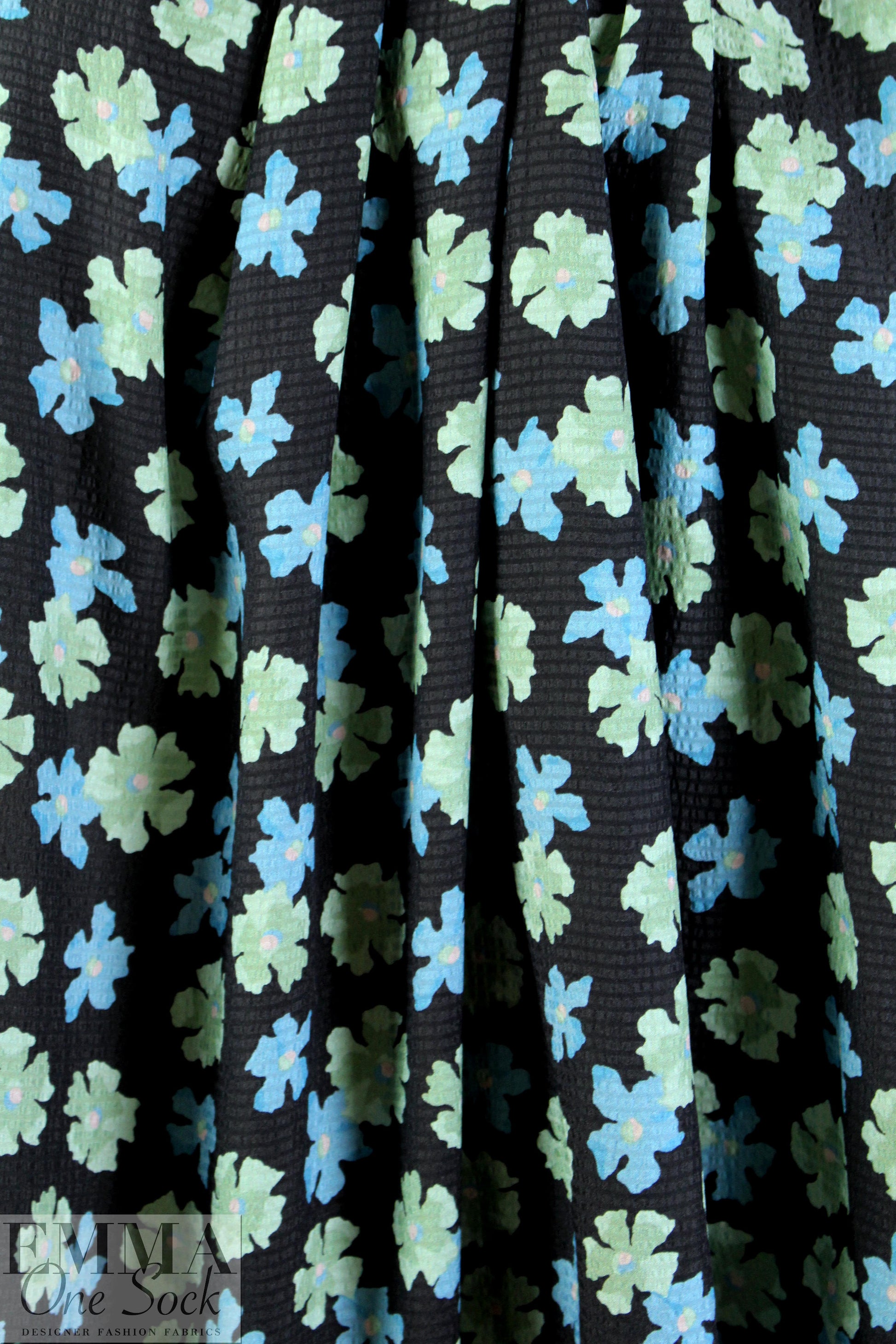 NY designer mint/sky flowers hammered silk woven