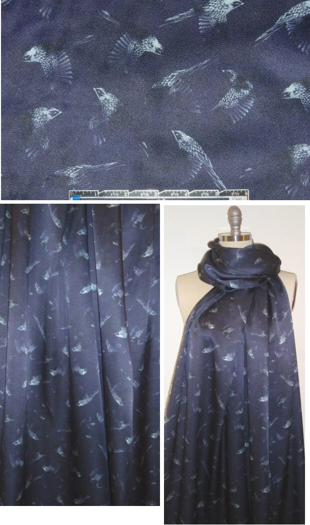 Italian bird pencil sketch print hammered silk - indigo
