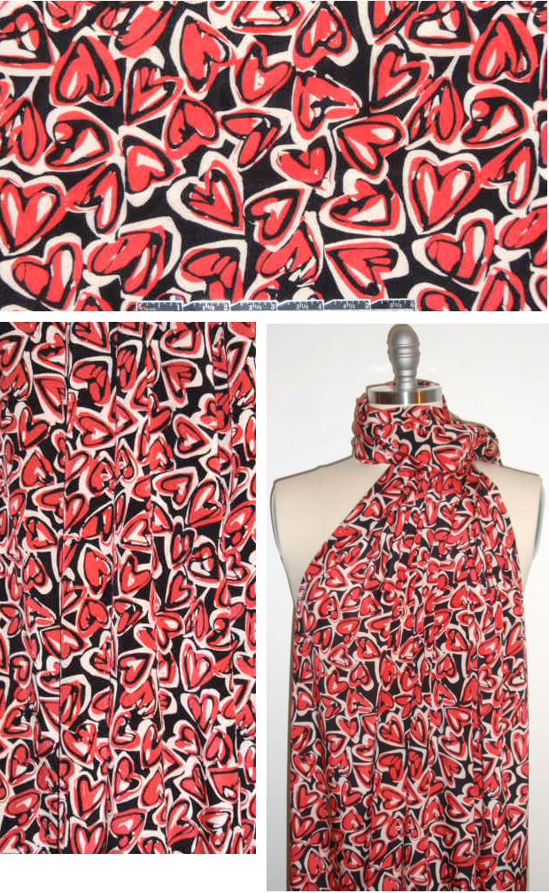DKNY hearts silk/lycra - ecru/red/black .75 yds
