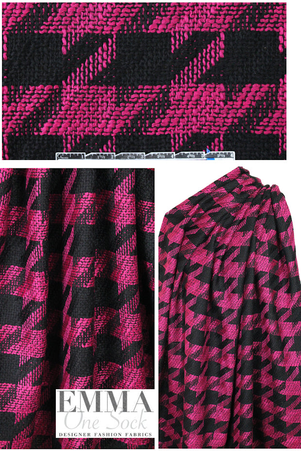 Italian 'houndstooth' plaid wool blend - black/magenta
