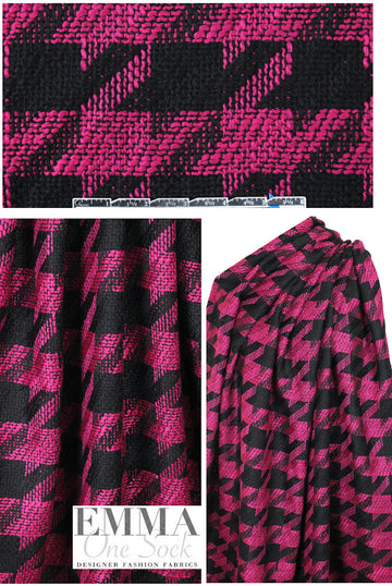 Italian 'houndstooth' plaid wool blend - black/magenta