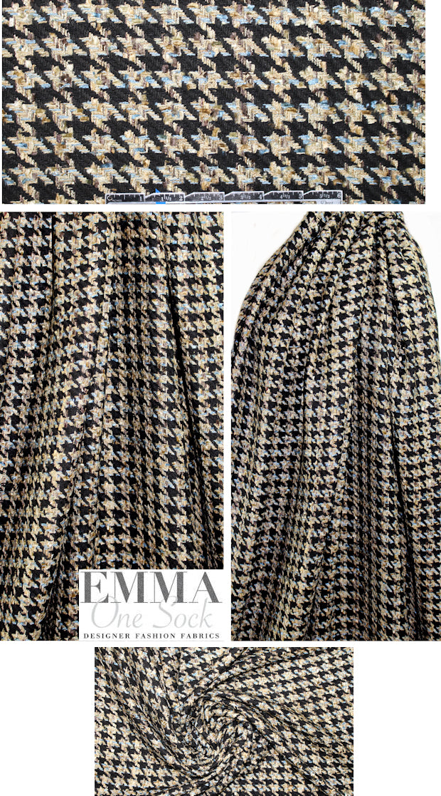 Italian 'houndstooth' plaid wool blend - gold/espresso