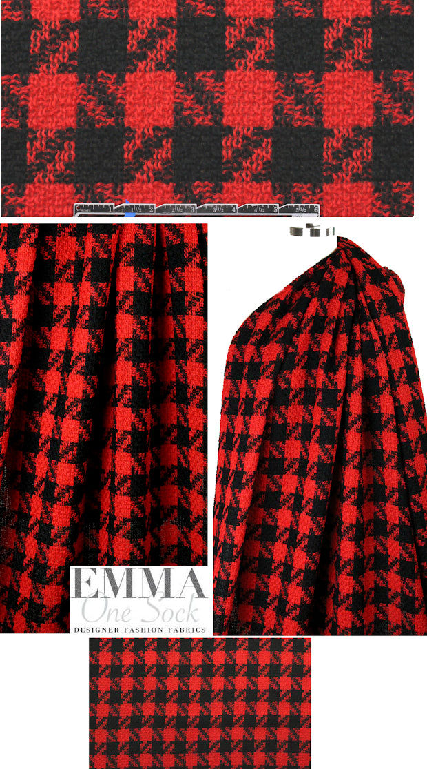 Italian 'houndstooth' plaid wool boucle' - red/black