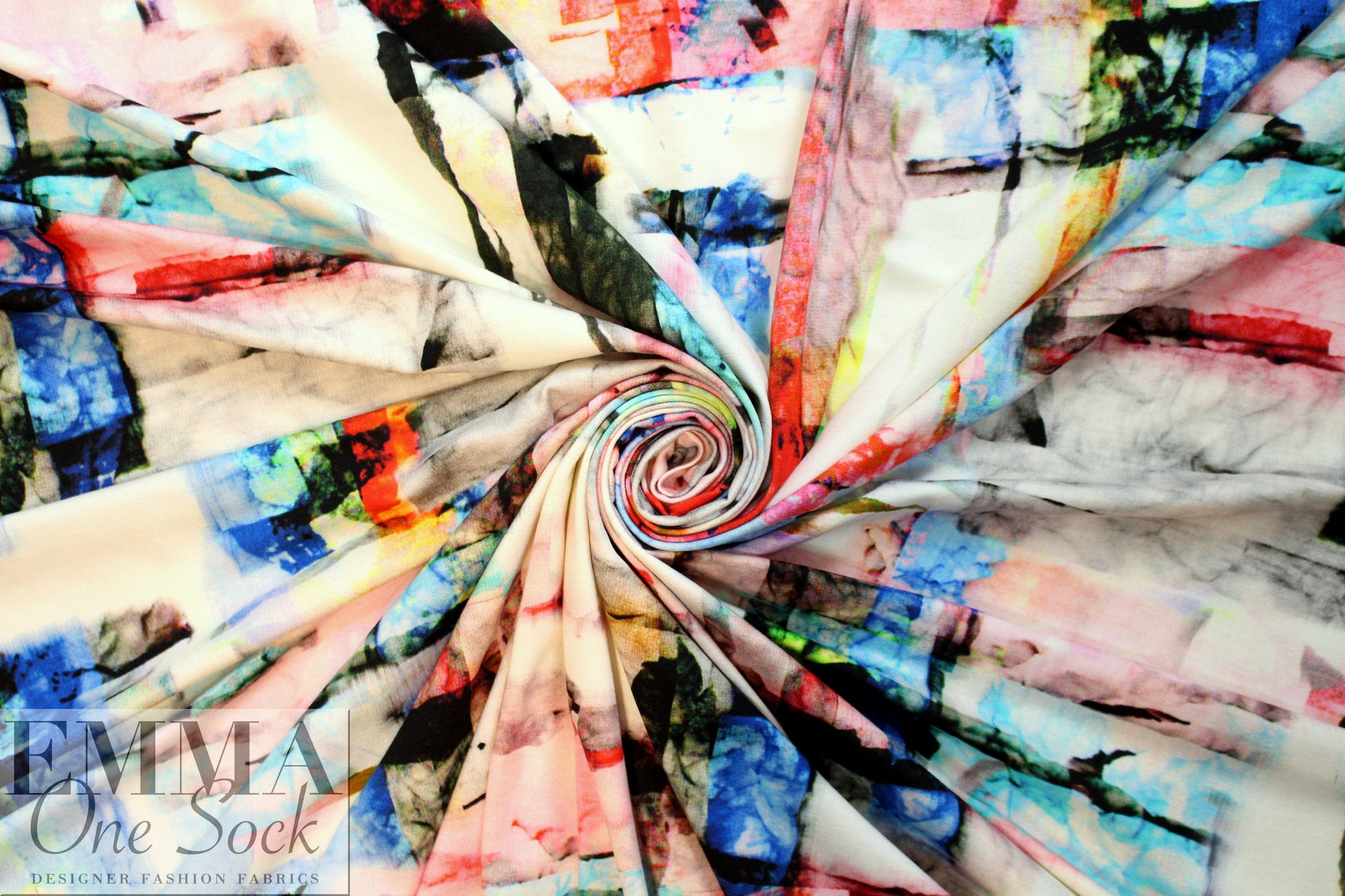 Italian digital viscose knit - red/blue abstract