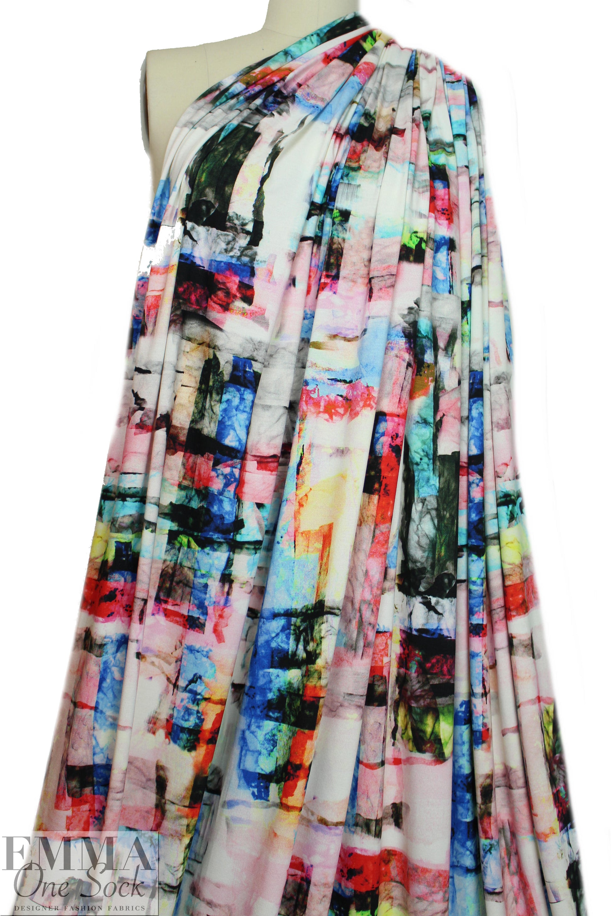 Italian digital viscose knit - red/blue abstract