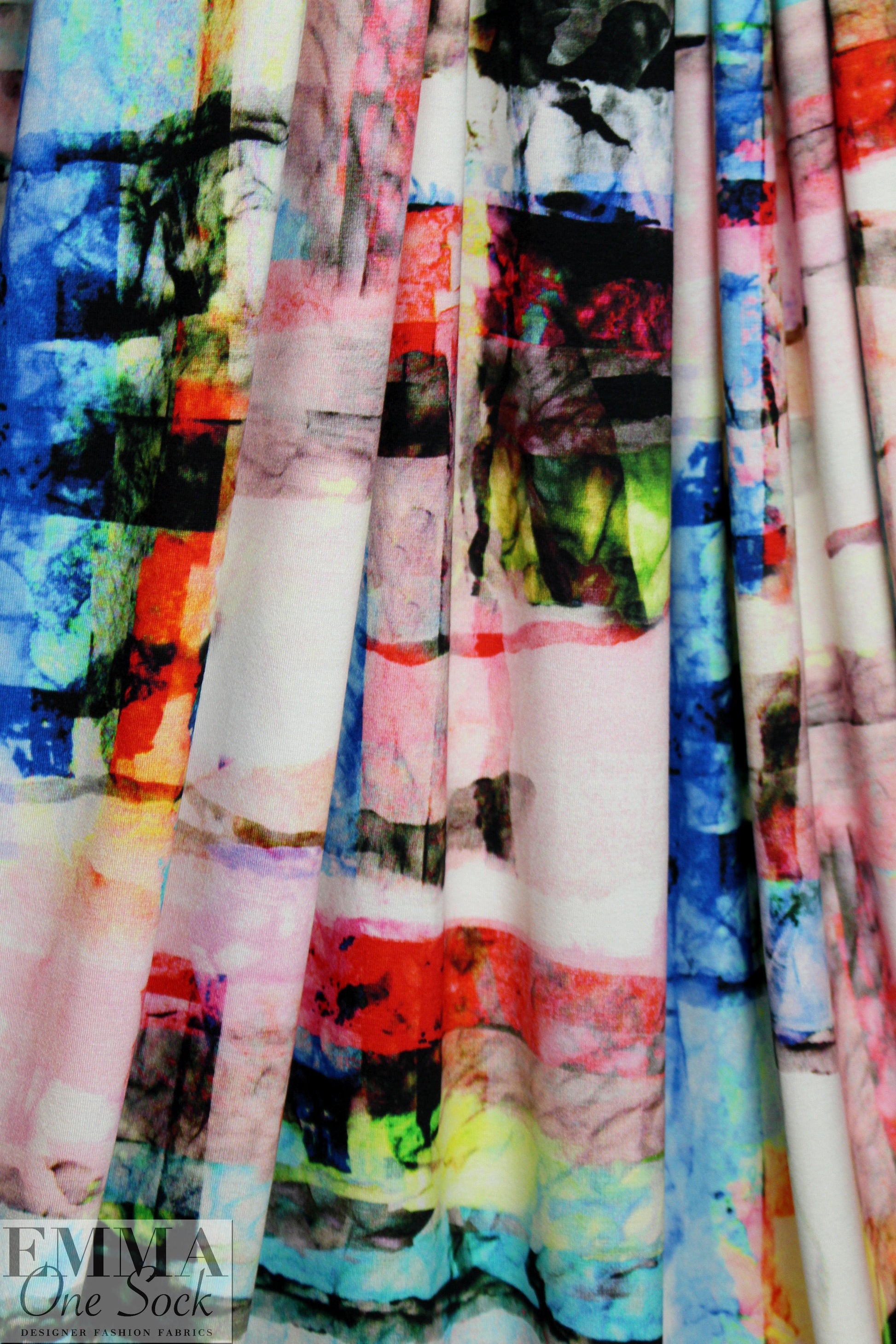 Italian digital viscose knit - red/blue abstract