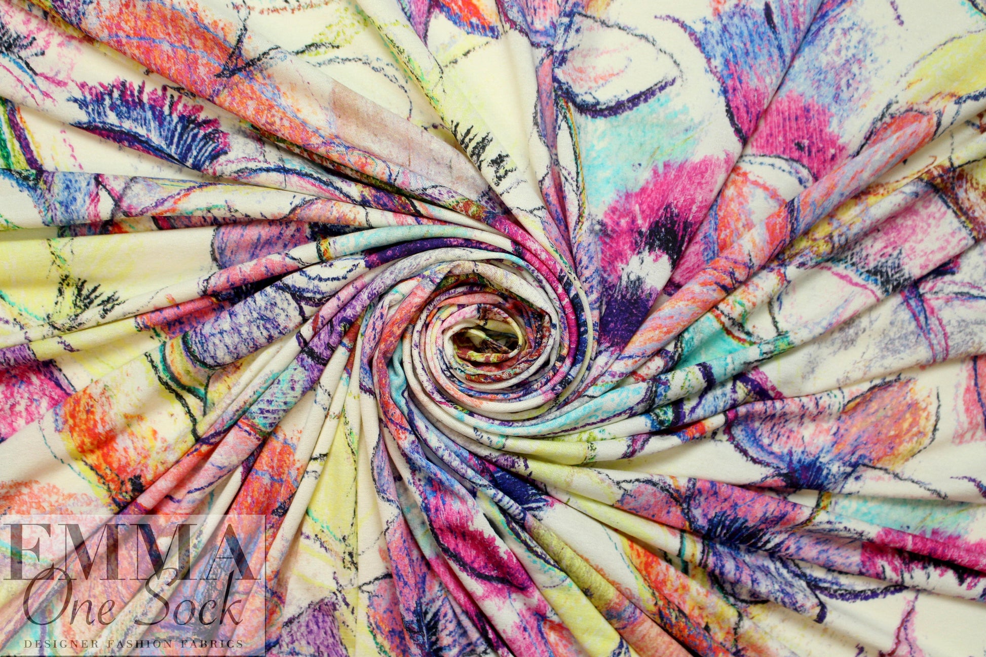 Italian digital viscose knit - crayon flowers