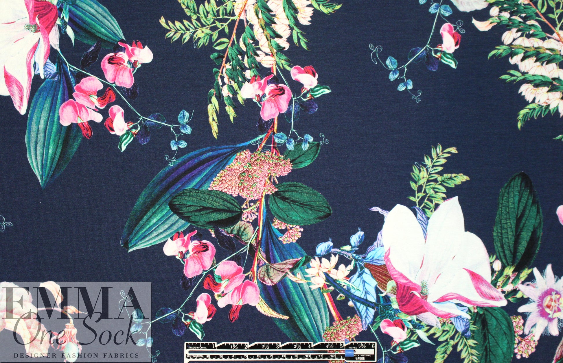Italian digital viscose knit - navy botanical 1.75 yds