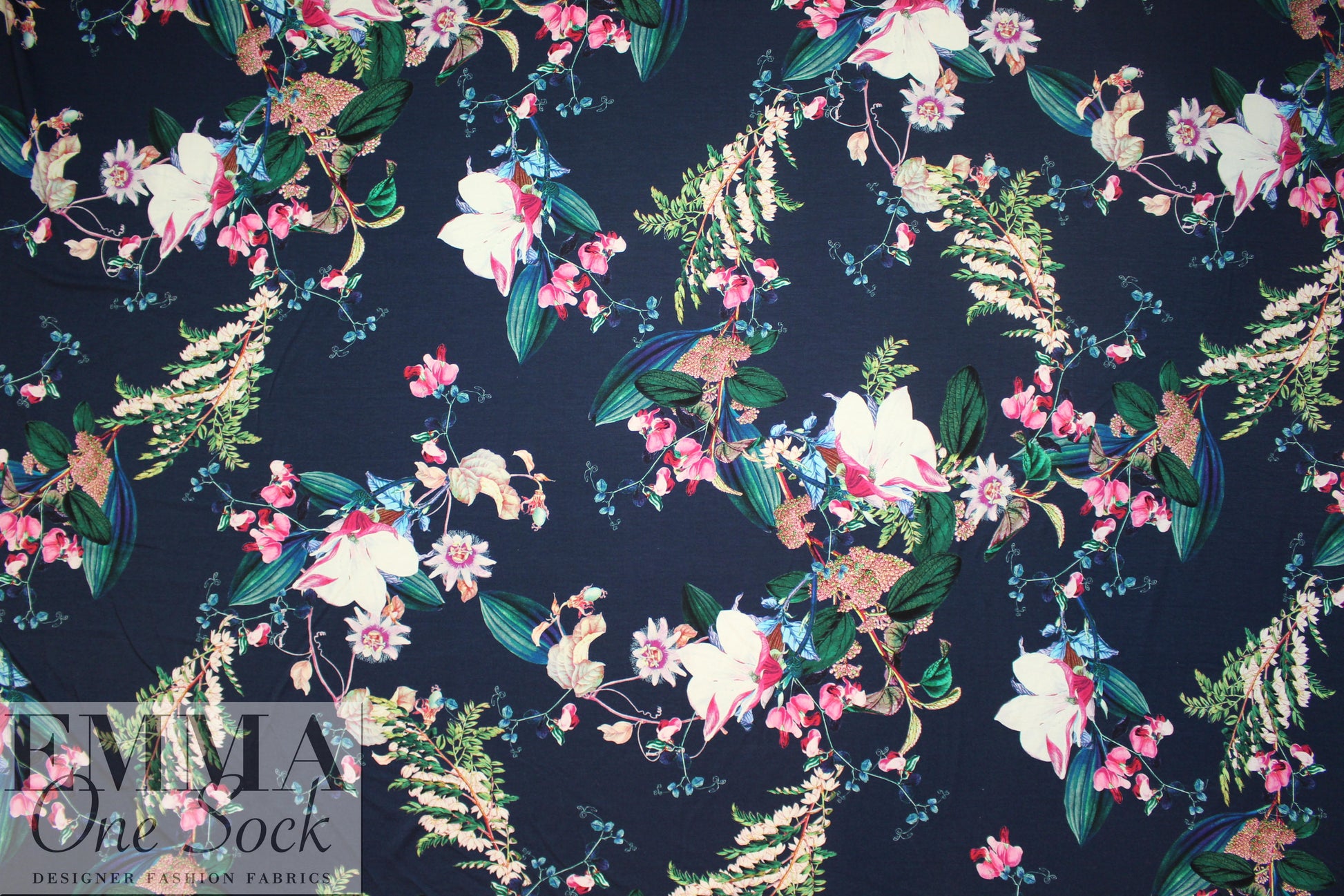 Italian digital viscose knit - navy botanical 1.75 yds