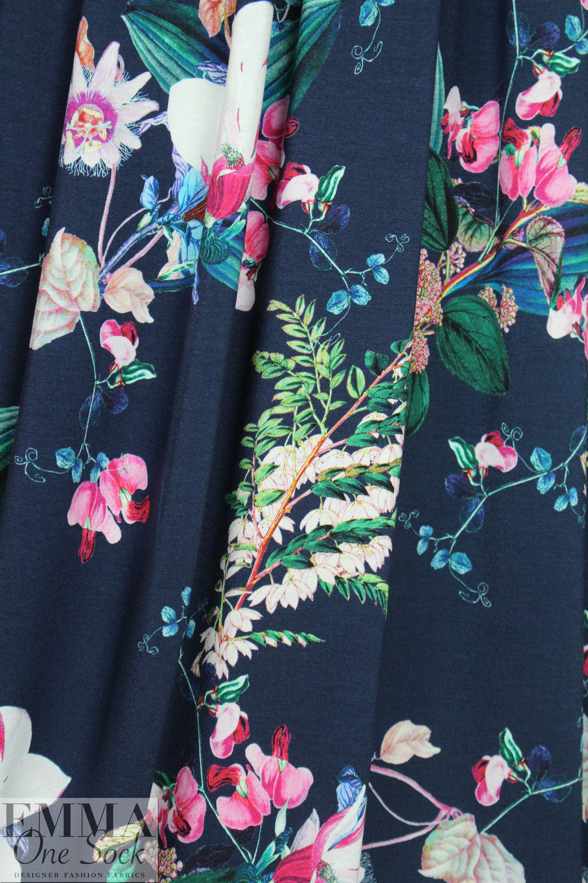Italian digital viscose knit - navy botanical 1.75 yds