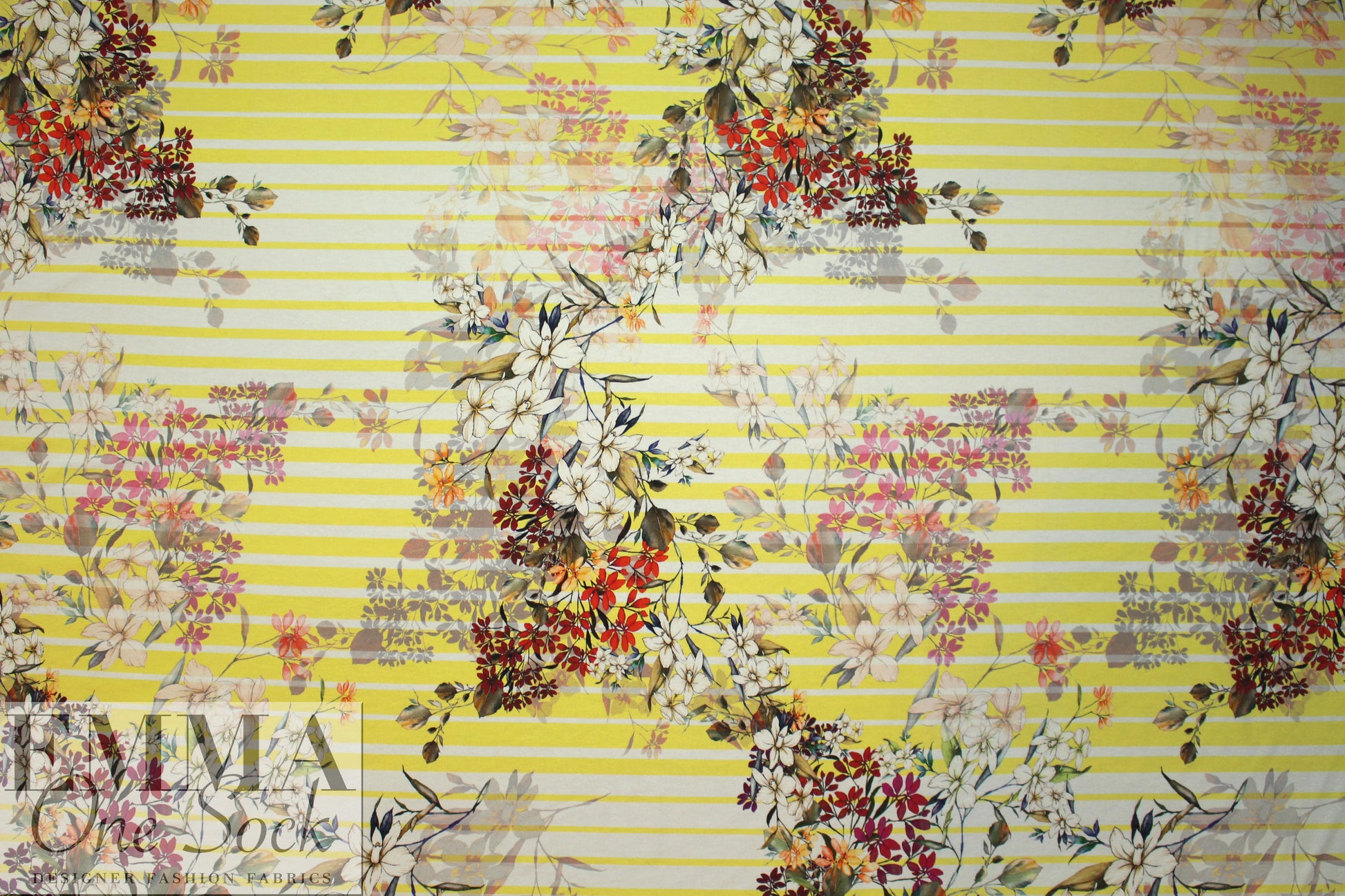Italian digital viscose knit - lemon stripe botanical