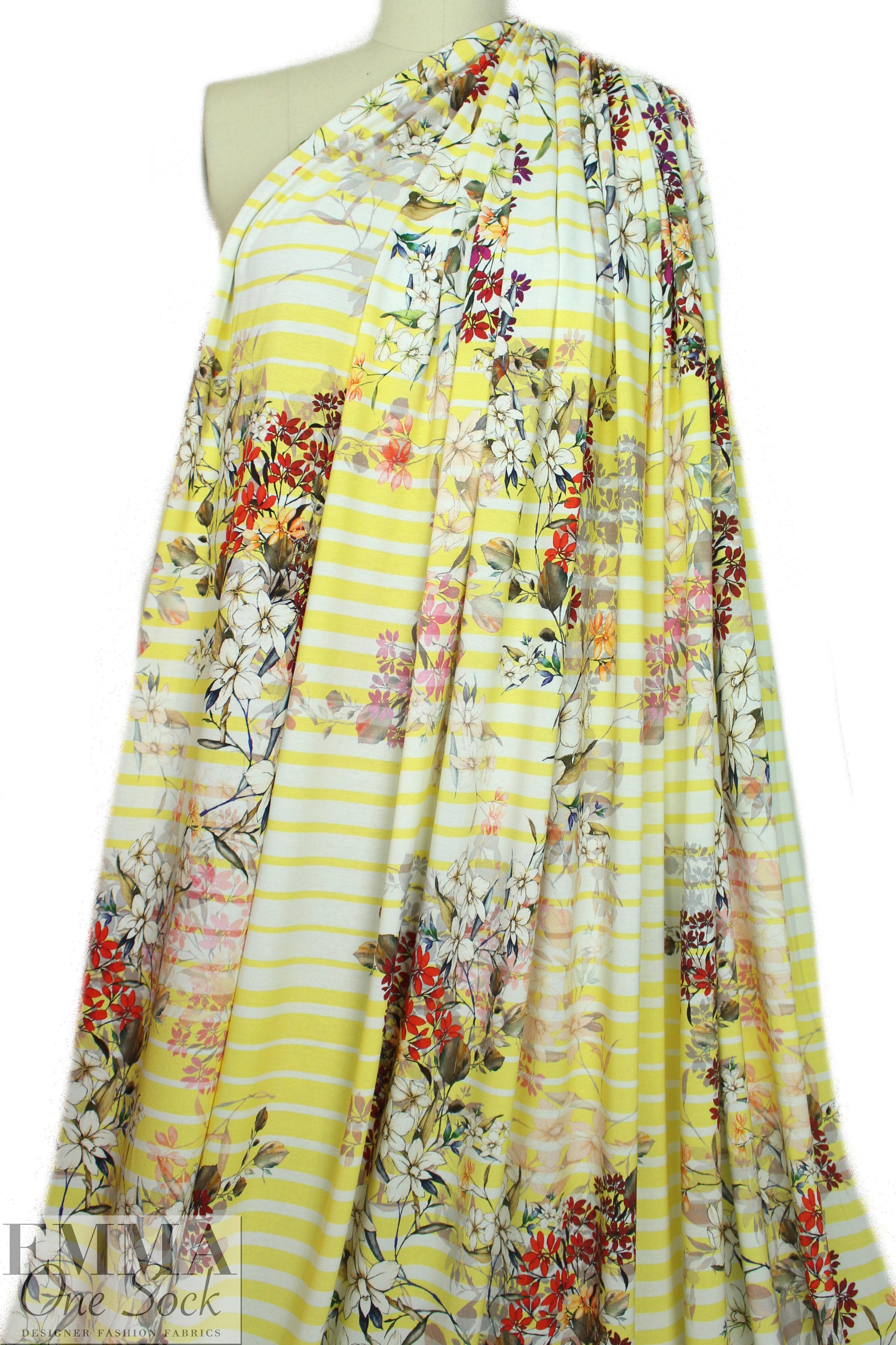 Italian digital viscose knit - lemon stripe botanical
