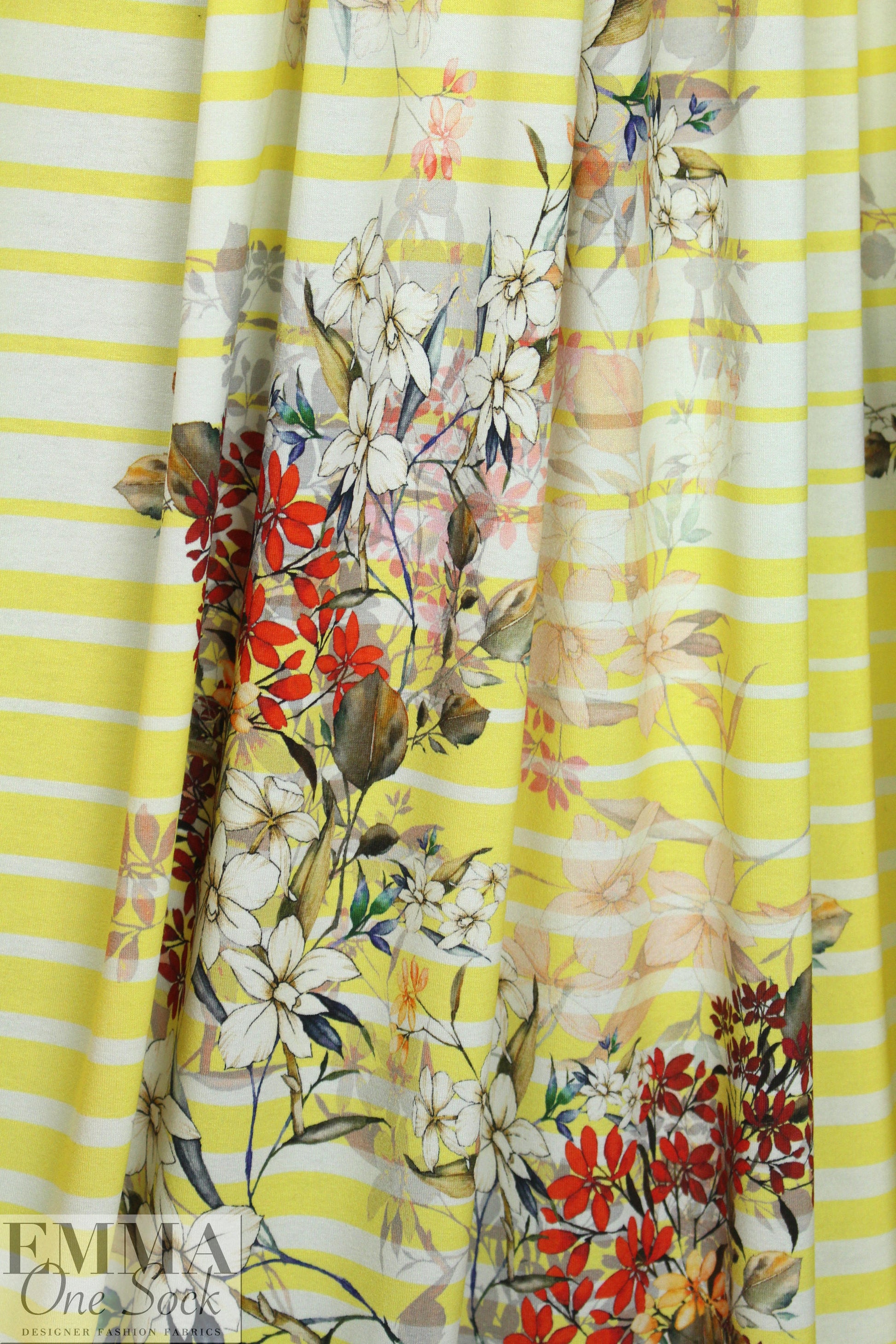 Italian digital viscose knit - lemon stripe botanical