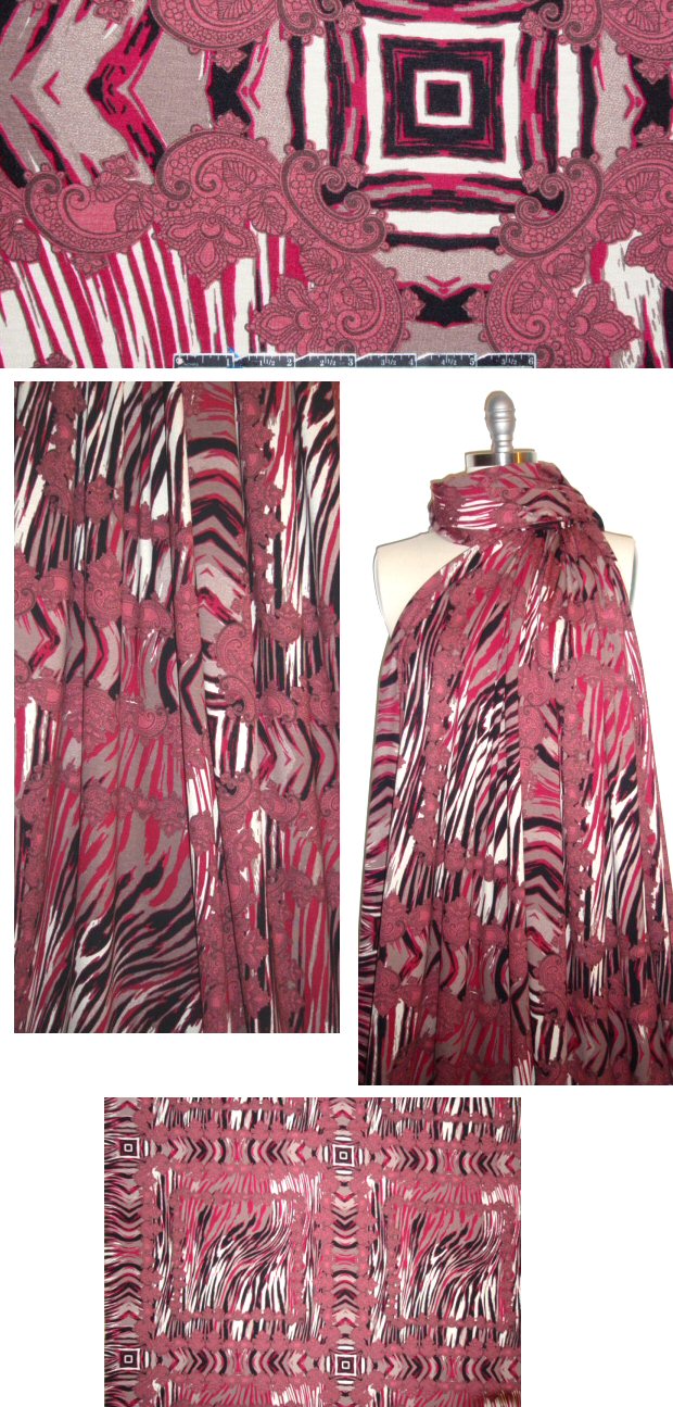 Italian claret/black/gray panels visc/lycra knit 2 yd