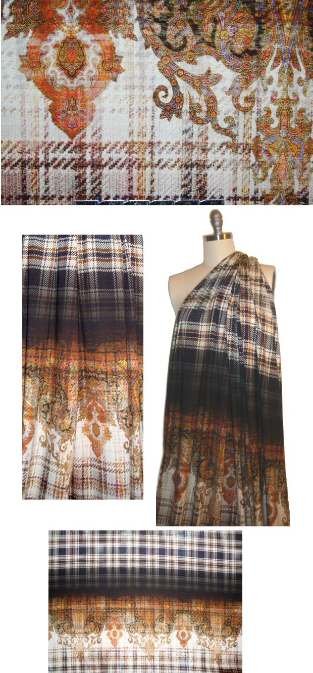 Italian plaid and paisley panel visc/lycra knit
