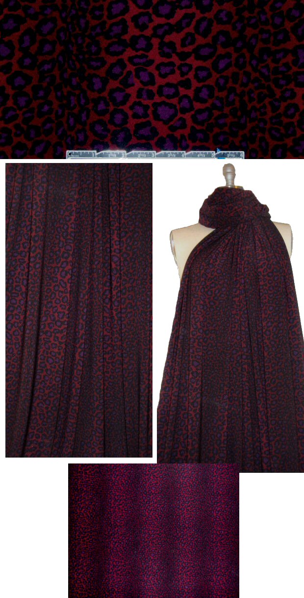 NY designer burgundy/indigo/aubergine cheetah ITY knit 1.2 yds