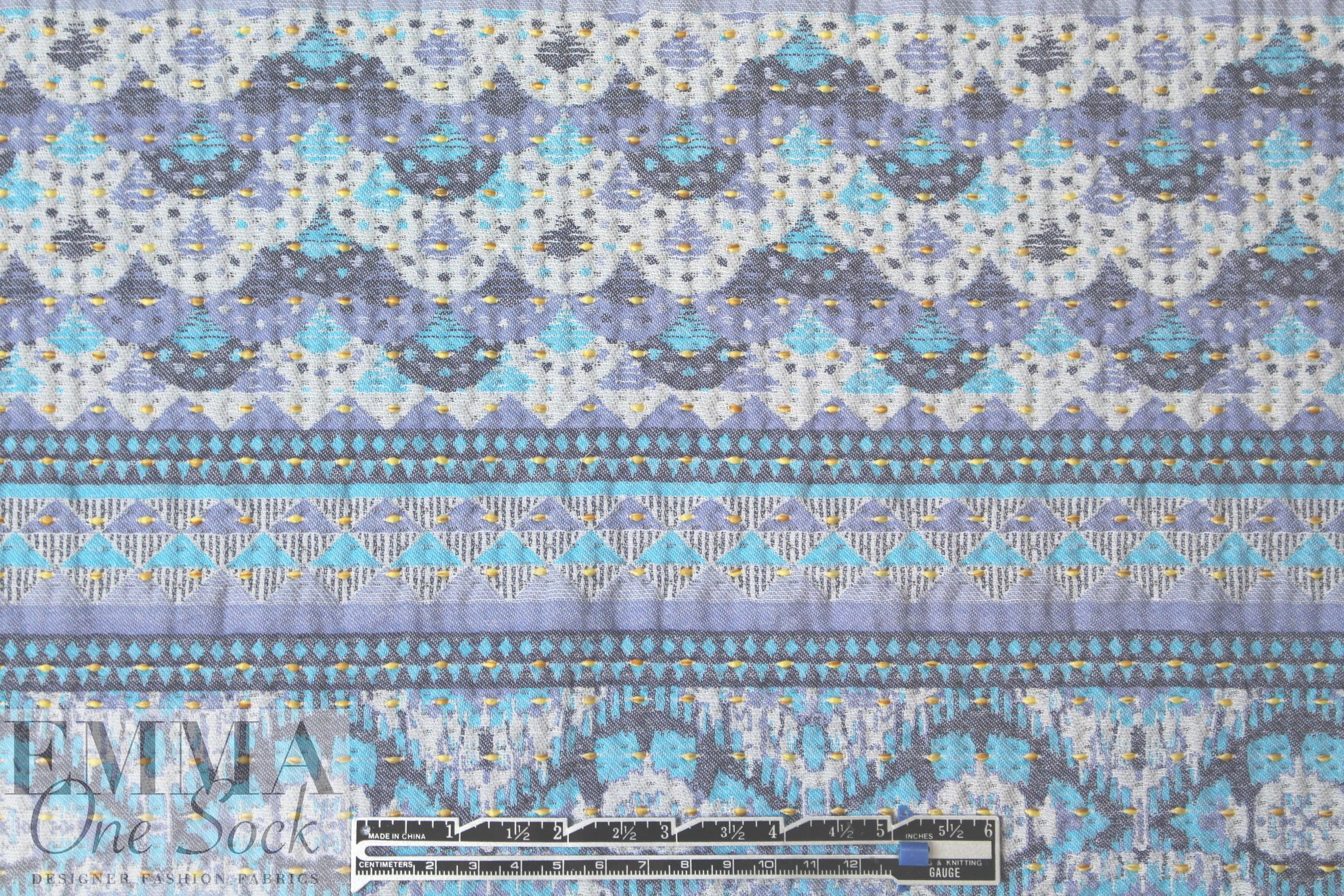 French turquoise/denim/maize graphic stripey brocade