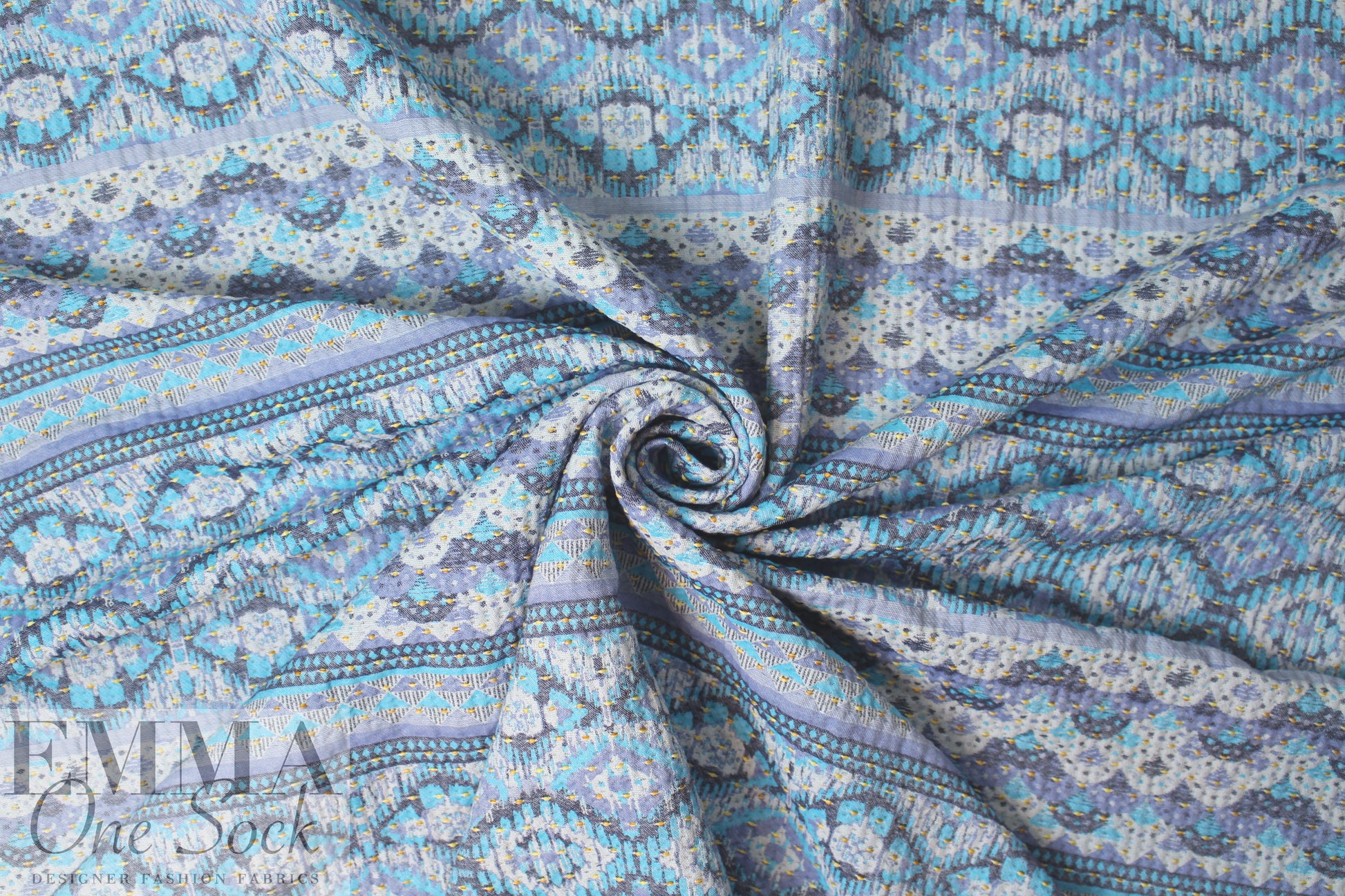 French turquoise/denim/maize graphic stripey brocade